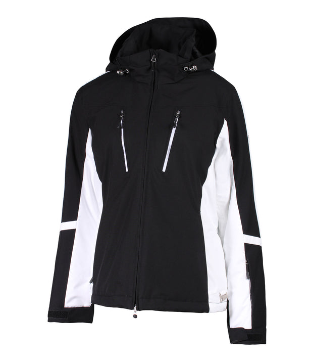 A black insulated ski jacket with white accents, featuring a full zipper, underarm venting, and a hood.