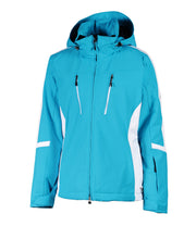 A blue insulated ski jacket with white accents, featuring a full zipper, underarm venting, and a hood.