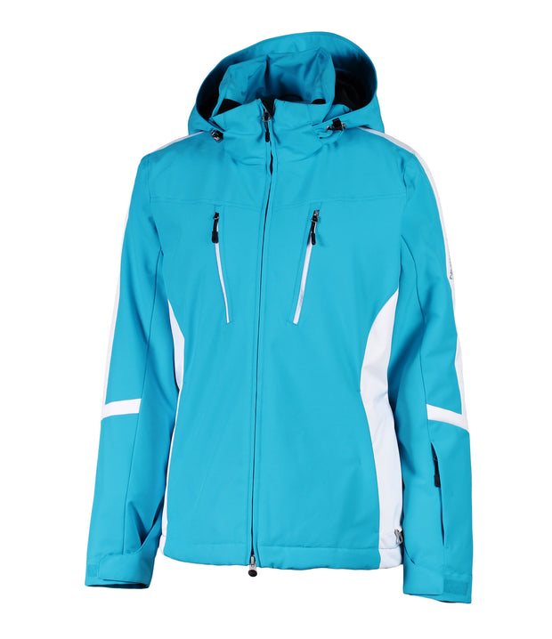 A blue insulated ski jacket with white accents, featuring a full zipper, underarm venting, and a hood.