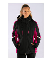 A woman wearing a black insulated ski jacket with pink accents, featuring a full zipper, underarm venting, and a hood.
