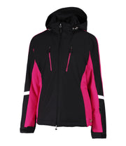 A black insulated ski jacket with pink accents, featuring a full zipper, underarm venting, and a hood.