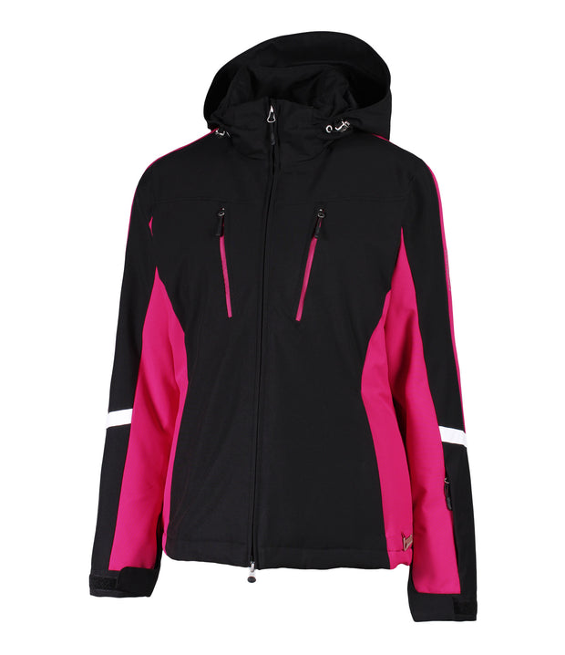A black insulated ski jacket with pink accents, featuring a full zipper, underarm venting, and a hood.