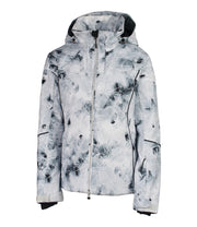 A women's insulated jacket with light grey with black abstract pattern, featuring a hood, zip closure, and designed for winter wear.