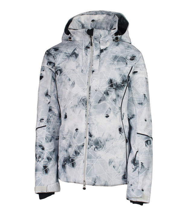 A women's insulated jacket with light grey with black abstract pattern, featuring a hood, zip closure, and designed for winter wear.
