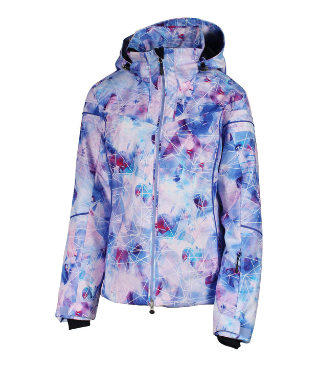A women's insulated jacket with multicolored patterned print, featuring a hood, zip closure, and designed for winter wear.