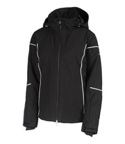 A women's black insulated ski jacket with a hood, featuring white trim, a hood, velcro tabs, and a drawcord hem.