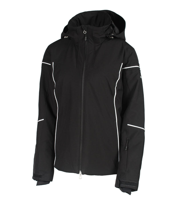 A women's black insulated ski jacket with a hood, featuring white trim, a hood, velcro tabs, and a drawcord hem.
