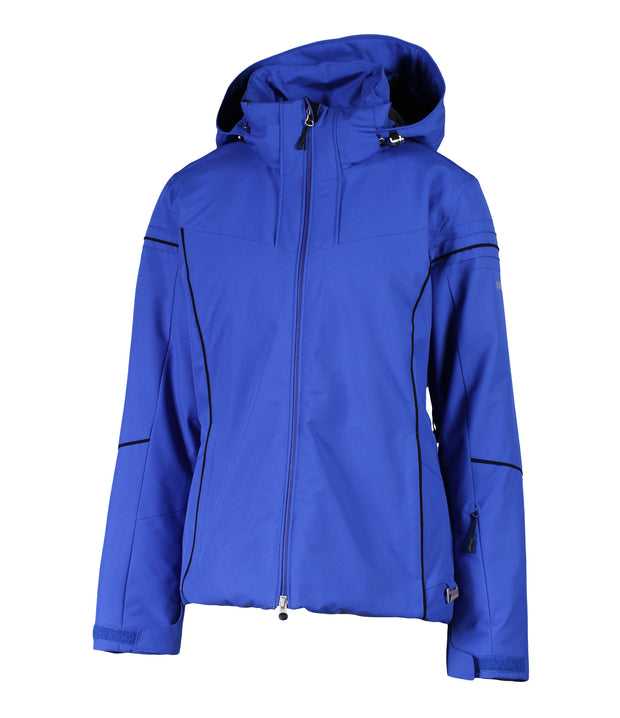A women's blue insulated ski jacket with a hood, featuring black trim, a hood, velcro tabs, and a drawcord hem.