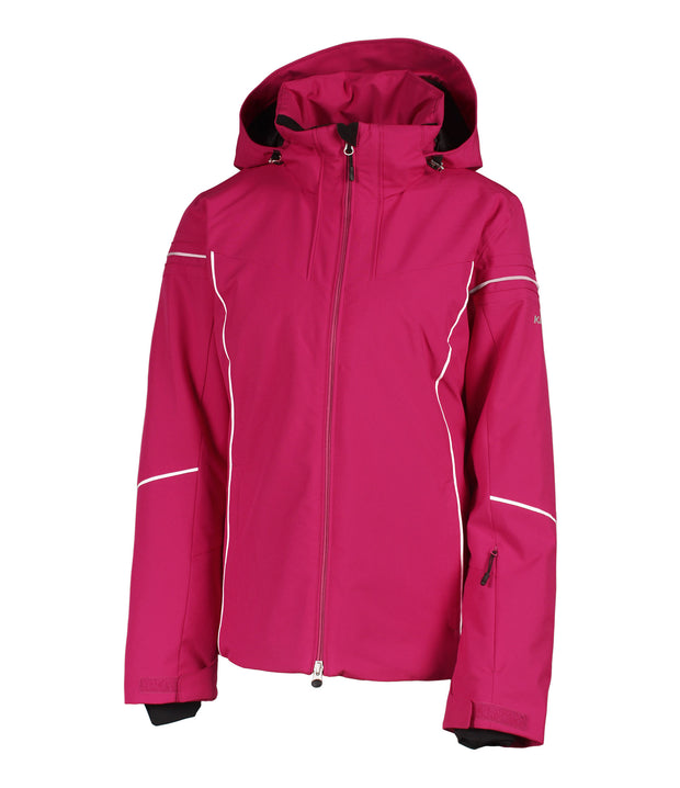 A women's pink insulated ski jacket with a hood, featuring white trim, a hood, velcro tabs, and a drawcord hem.