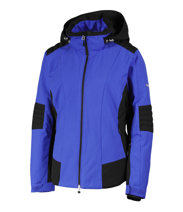 A women's blue insulated ski jacket with black accents, featuring a black hood, full zip closure, and multiple pockets.