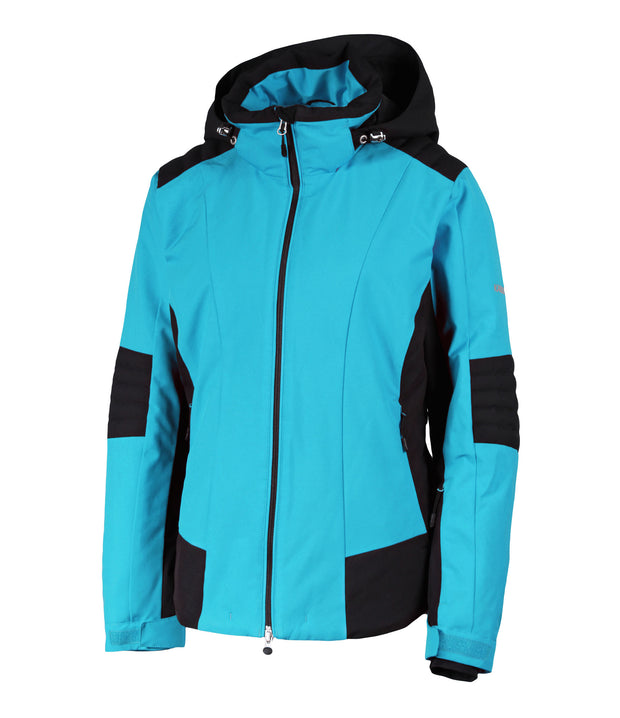 A women's blue insulated ski jacket with black accents, featuring a black hood, full zip closure, and multiple pockets.