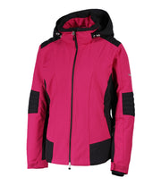 A women's pink insulated ski jacket with black accents, featuring a black hood, full zip closure, and multiple pockets.