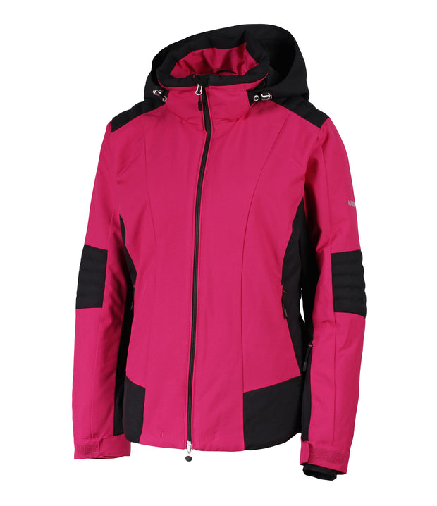 A women's pink insulated ski jacket with black accents, featuring a black hood, full zip closure, and multiple pockets.