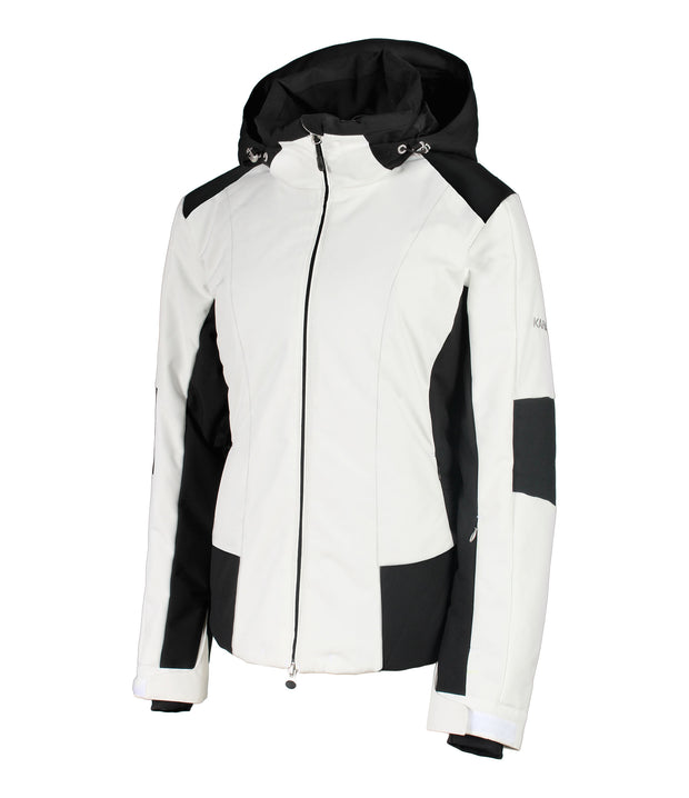 A women's white insulated ski jacket with black accents, featuring a black hood, full zip closure, and multiple pockets.