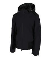 A women's black insulated ski jacket with black accents, featuring a black hood, full zip closure, and multiple pockets.