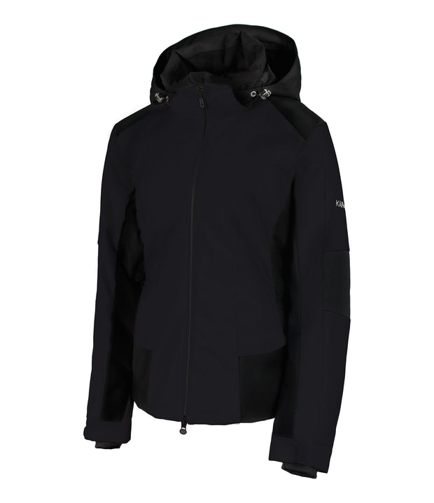 A women's black insulated ski jacket with black accents, featuring a black hood, full zip closure, and multiple pockets.