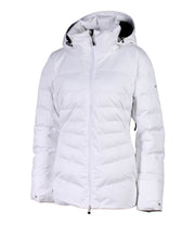 A women's white insulated puffer jacket featuring a hood, zip closure, and multiple pockets.