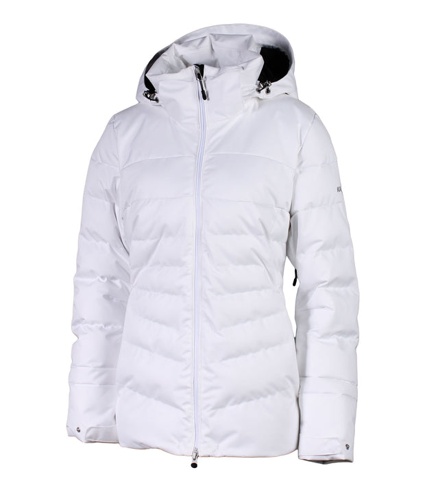 A women's white insulated puffer jacket featuring a hood, zip closure, and multiple pockets.