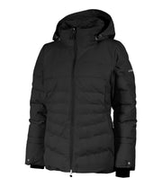 A women's black insulated puffer jacket featuring a hood, zip closure, and multiple pockets.
