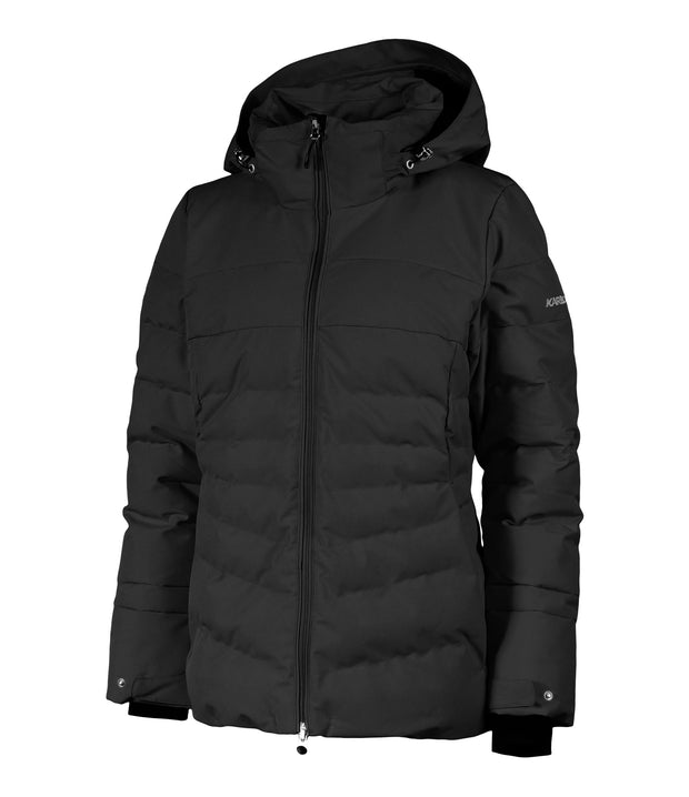 A women's black insulated puffer jacket featuring a hood, zip closure, and multiple pockets.