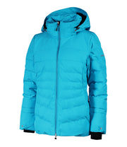A women's blue insulated puffer jacket featuring a hood, zip closure, and multiple pockets.