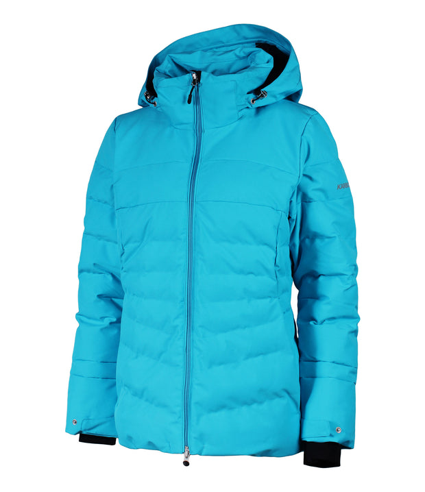 A women's blue insulated puffer jacket featuring a hood, zip closure, and multiple pockets.