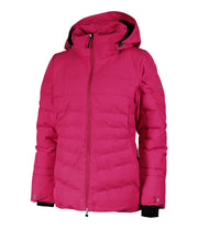 A women's pink insulated puffer jacket featuring a hood, zip closure, and multiple pockets.