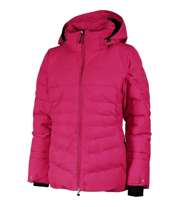A women's pink insulated puffer jacket featuring a hood, zip closure, and multiple pockets.