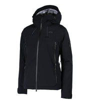 A women's black shell jacket with black accents featuring a front zip closure, zippered chest pocket, and two side zip pockets, with an adjustable hood.