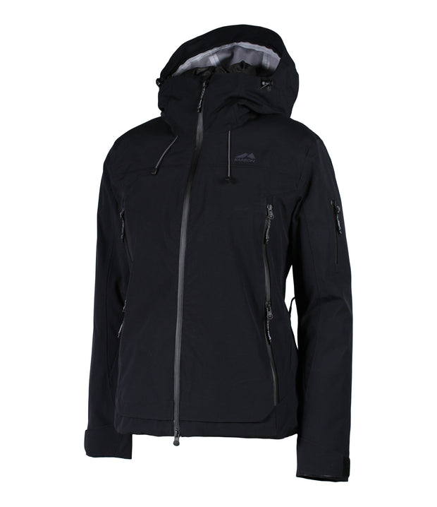 A women's black shell jacket with black accents featuring a front zip closure, zippered chest pocket, and two side zip pockets, with an adjustable hood.