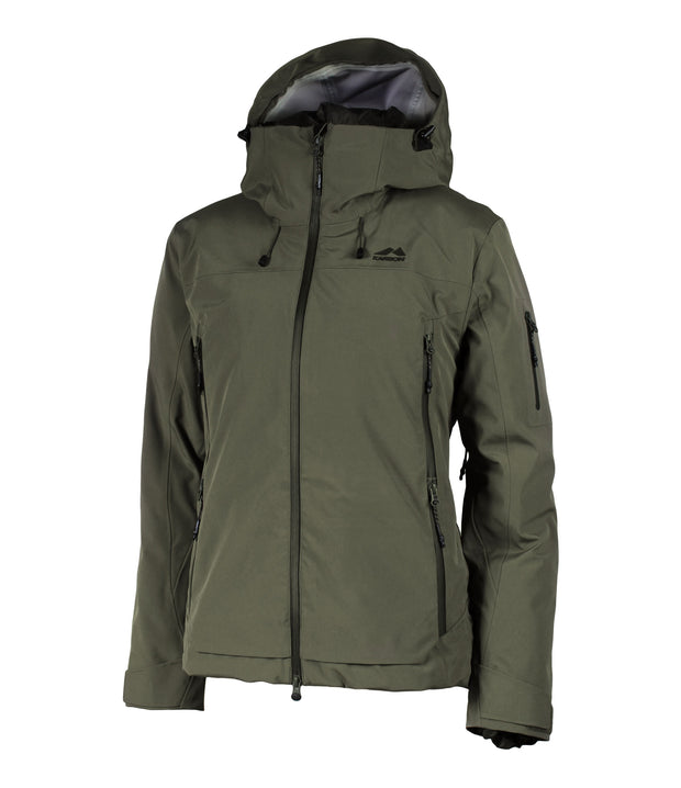 A women's green shell jacket featuring a front zip closure, zippered chest pocket, and two side zip pockets, with an adjustable hood.