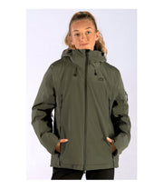 A woman wearing green shell jacket featuring a front zip closure, zippered chest pocket, and two side zip pockets, with an adjustable hood.