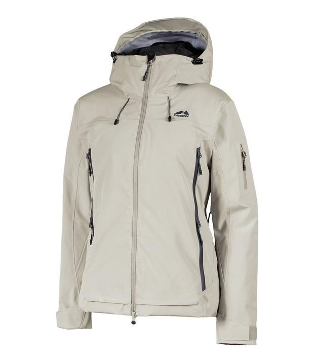 A women's beige shell jacket with grey accents featuring a front zip closure, zippered chest pocket, and two side zip pockets, with an adjustable hood.