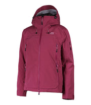 A women's pink shell jacket with pink accents featuring a front zip closure, zippered chest pocket, and two side zip pockets, with an adjustable hood.