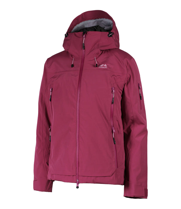 A women's pink shell jacket with pink accents featuring a front zip closure, zippered chest pocket, and two side zip pockets, with an adjustable hood.