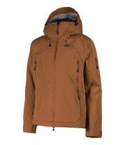 A women's brown shell jacket featuring a front zip closure, zippered chest pocket, and two side zip pockets, with an adjustable hood.