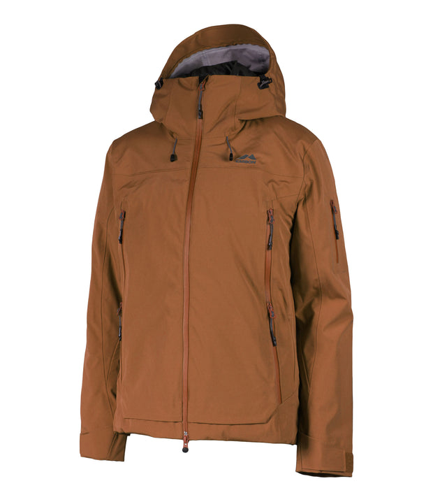 A women's brown shell jacket featuring a front zip closure, zippered chest pocket, and two side zip pockets, with an adjustable hood.