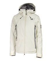 A women's white shell jacket with black accents featuring a front zip closure, zippered chest pocket, and two side zip pockets, with an adjustable hood.