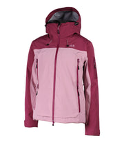 A two-tone shell jacket with a darker pink hood, shoulders, and upper chest, paired with a lighter pink body and sleeves. The jacket features a front zip closure, zippered chest pocket, and two side zip pockets, with an adjustable hood.