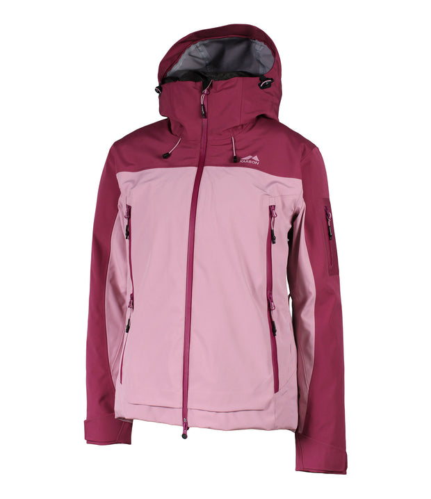 A two-tone shell jacket with a darker pink hood, shoulders, and upper chest, paired with a lighter pink body and sleeves. The jacket features a front zip closure, zippered chest pocket, and two side zip pockets, with an adjustable hood.