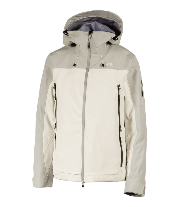 A two-tone shell jacket with a Light grey hood, shoulders, and upper chest, paired with a beige body and sleeves. The jacket features a front zip closure, zippered chest pocket, and two side zip pockets, with an adjustable hood.