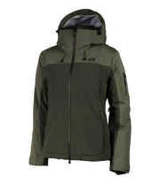 A two-tone shell jacket with a lighter green hood, shoulders, and upper chest, paired with a darker green body and sleeves. The jacket features a front zip closure, zippered chest pocket, and two side zip pockets, with an adjustable hood.