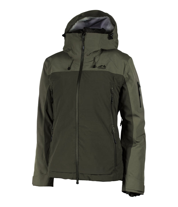 A two-tone shell jacket with a lighter green hood, shoulders, and upper chest, paired with a darker green body and sleeves. The jacket features a front zip closure, zippered chest pocket, and two side zip pockets, with an adjustable hood.