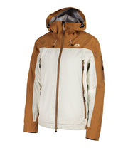 A two-tone shell jacket with a brown hood, shoulders, and upper chest, paired with a beige body and sleeves. The jacket features a front zip closure, zippered chest pocket, and two side zip pockets, with an adjustable hood.
