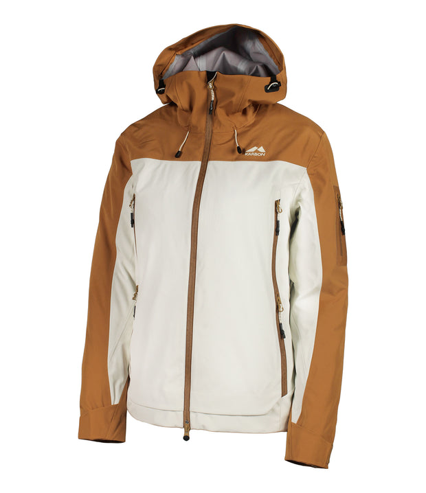 A two-tone shell jacket with a brown hood, shoulders, and upper chest, paired with a beige body and sleeves. The jacket features a front zip closure, zippered chest pocket, and two side zip pockets, with an adjustable hood.