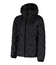 A women's black puffer jacket features welded baffle construction, a front zip closure and two hand zip pockets.