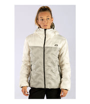 A woman wearing a two-tone puffer with white hood, shoulders, upper chest, and sleeves paired with a beige body. The jacket features welded baffle construction, a front zip closure and two hand zip pockets.