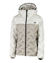 A women's two-tone puffer with white hood, shoulders, upper chest, and sleeves paired with a beige body. The jacket features welded baffle construction, a front zip closure and two hand zip pockets.