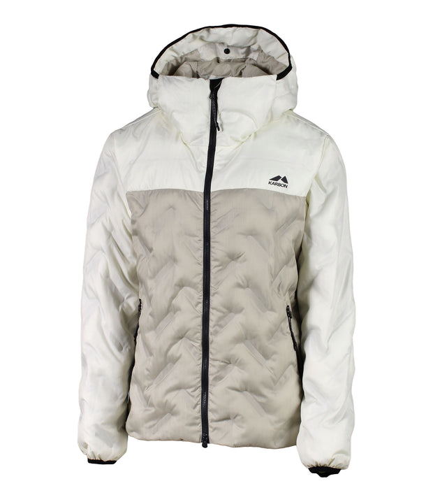 A women's two-tone puffer with white hood, shoulders, upper chest, and sleeves paired with a beige body. The jacket features welded baffle construction, a front zip closure and two hand zip pockets.