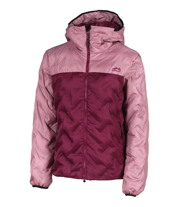 A women's two-tone puffer with a light pink hood, shoulders, upper chest, and sleeves paired with a dark pink body. The jacket features welded baffle construction, a front zip closure and two hand zip pockets.